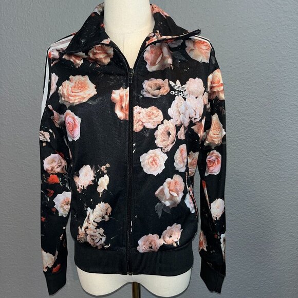 ADIDAS ORIGINALS Firebird Roses Flower Print Black & White Track Jacket  EUC - S - Picture 1 of 12